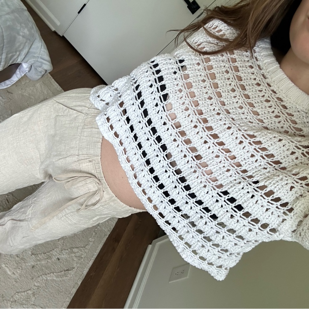White Crochet Knit Open Weave Crop Top